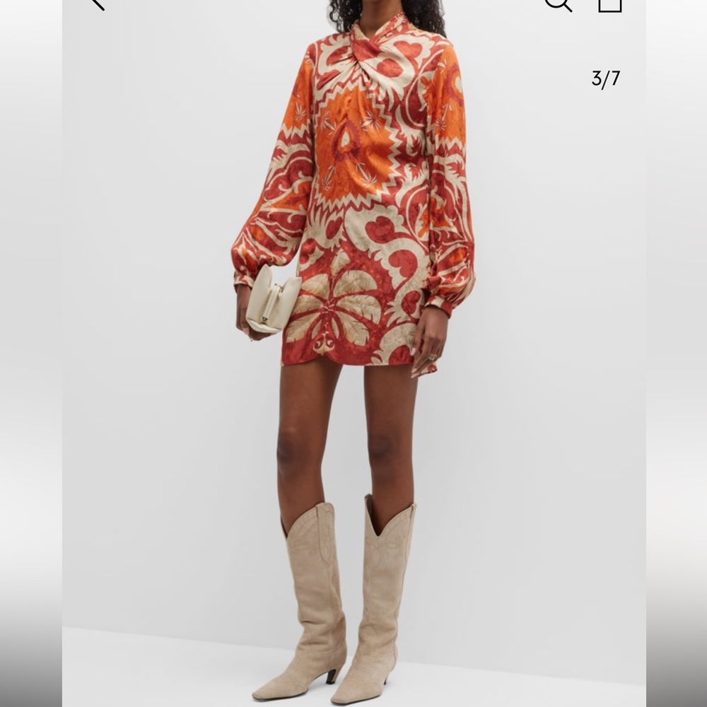 Johanna Ortiz Orange and Cream Printed Puff-Sleeve Mini Dress